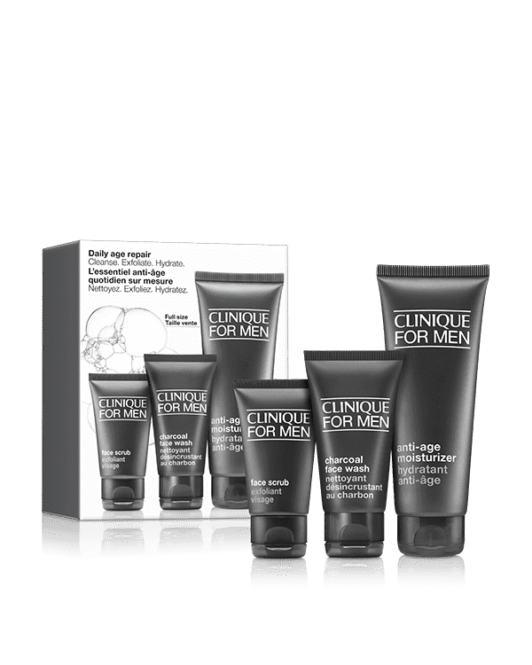 Ensemble Anti-âge quotidien : Nettoyer. Exfolier. Hydrater, Tout ce dont il a besoin pour une peau fraîche et d’apparence plus jeune. Une valeur de 81 $.<br>* Ce coffret économique est exclu des rabais supplémentaires.